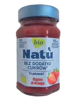 Dżem truskawkowy bio Natu 95% owoców bez cukru, w szklanym słoiku z niebieską nakrętką, widok z przodu.
