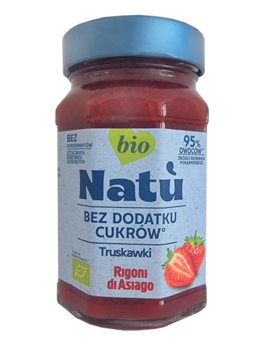 Dżem truskawkowy bio Natu 95% owoców bez cukru, w szklanym słoiku z niebieską nakrętką, widok z przodu.