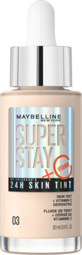 Maybelline Super Stay 24H Skin Tint, light beige shade 03 bottle with silver dropper and Vitamin C.