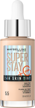 Maybelline Super Stay 24H Skin Tint 5.5, jasnobeżowa butelka z witaminą C, z pipetą, widok frontalny.