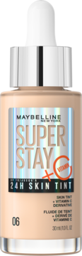 Front view of Maybelline Super Stay 24H Skin Tint, light peach bottle with silver dropper, shade 06 +Vitamin C.