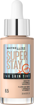 Maybelline Super Stay 24H Skin Tint + Vitamin C, butelka z kroplomierzem, kolor 6.5, widok z przodu.