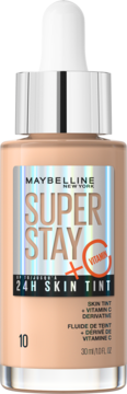 Maybelline Super Stay 24H Skin Tint 10 z witaminą C, w szklanej butelce z zakraplaczem, widok z przodu.