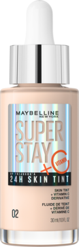 Maybelline Super Stay 24H Skin Tint w butelce z kroplomierzem, odcień 02, z witaminą C, widok z przodu.