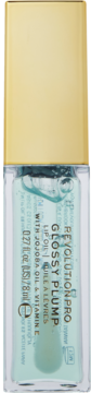 Revolution Pro Glossy Plump Mint Lip Oil, clear bottle with golden cap, teal liquid, 8ml, straight view.