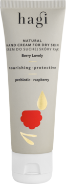 Hagi Naturalny krem do rąk Berry Lovely do suchej skóry w jasnoszarej tubce z owocowymi grafikami, widok z przodu.