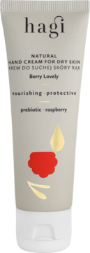 Hagi Naturalny krem do rąk Berry Lovely do suchej skóry w jasnoszarej tubce z owocowymi grafikami, widok z przodu.