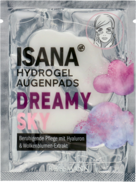 ISANA Dreamy Sky kojące hydrożelowe płatki pod oczy w kształcie chmurek. Srebrna saszetka, zbliżenie na opakowanie.