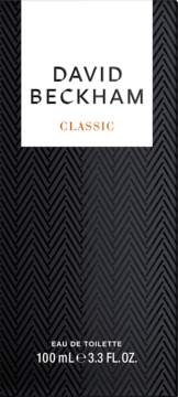 Front czarnego opakowania David Beckham Classic Eau de Toilette 100ml, z białym logo i wzorem jodełki.