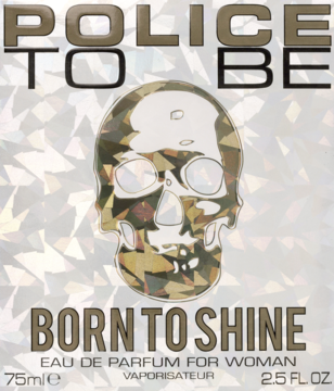 Police To Be Born To Shine EDP for women, label with a sparkling skull design in gold and silver facets on a shimmering background.