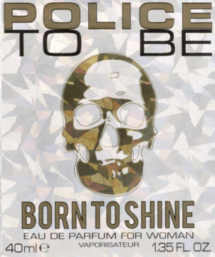 Police To Be Born To Shine 40ml EAU DE PARFUM FOR WOMAN: biały kartonik z dużym, złotym wzorem czaszki, widok z przodu.