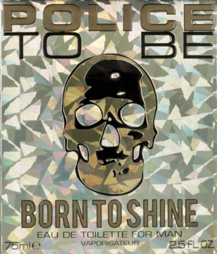 Pudełko Police To Be Born To Shine Eau de Toilette dla mężczyzn, z holograficznym tłem i błyszczącą czaszką.