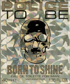 Police To Be Born To Shine EDT for Man w srebrnym pudełku z holograficznym tłem i błyszczącą czaszką.