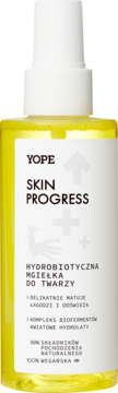 Yope Skin Progress Hydrobiotyczna Mgiełka do Twarzy, żółta butelka z białym sprayem, widok z przodu.