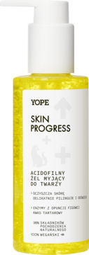Yope Skin Progress acidofilny żel do mycia twarzy, żółta, wegańska formuła w butelce z pompką, z bliska.