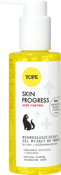 Yope Skin Progress Acne Control, mikrozłuszczający żel do twarzy, żółta butelka z pompką, czarny kot.