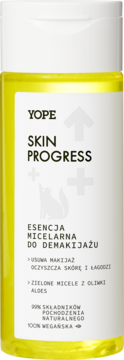 Yope Skin Progress esencja micelarna do demakijażu, żółta butelka, widok z przodu, 99% naturalna.