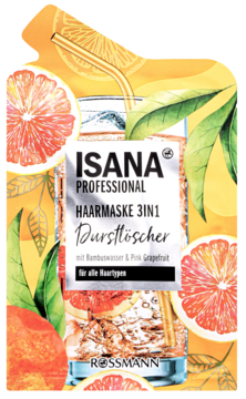 Saszetka maski ISANA Professional 3w1 Durstlöscher z różowym grejpfrutem, na tle cytrusów i napoju.