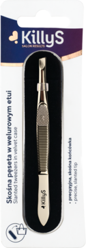 Skośna pęseta KillyS z precyzyjną, skośną końcówką, srebrna, w welurowym etui, widok w blistrze.