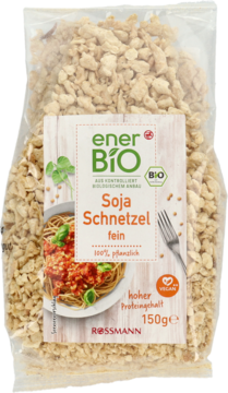 Przezroczysta torebka enerBio Granulat sojowy 150g, jasnobeżowy, z etykietą i grafiką dania. 100% roślinny.