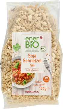 Przezroczysta torebka enerBio Granulat sojowy 150g, jasnobeżowy, z etykietą i grafiką dania. 100% roślinny.
