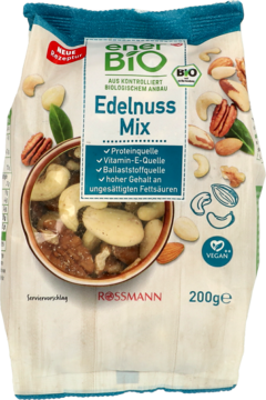 EnerBiO Edelnuss Mix 200g w białej torebce z widocznymi orzechami, logo Rossmann, Bio i Vegan, widok z przodu.