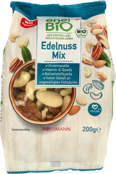 EnerBiO Edelnuss Mix 200g w białej torebce z widocznymi orzechami, logo Rossmann, Bio i Vegan, widok z przodu.
