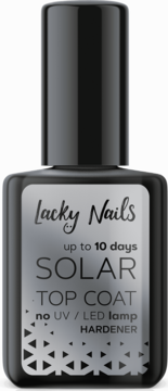 Lacky Nails SOLAR TOP COAT w czarnej butelce ze srebrną etykietą 'no UV/LED lamp', widok z przodu.