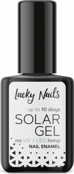 Lacky Nails Solar Gel Nail Enamel, czarna butelka z białym napisem, widok z przodu, bez lampy UV.
