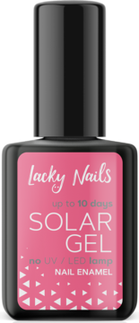 Różowy lakier Lacky Nails Solar Gel 07 baby pink, prostokątna butelka z czarną nakrętką, widok z przodu.