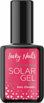 Różowy lakier Lacky Nails Solar Gel, butelka z czarną nakrętką, bez UV/LED lampy, widok z przodu.