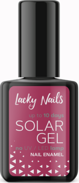 Frontal view of Lacky Nails Solar Gel nail enamel in fuchsia, no UV/LED lamp needed, in a dark bottle.