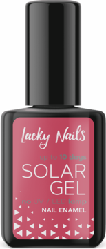 Różowy lakier do paznokci Lacky Nails Solar Gel w kwadratowej butelce z czarnym korkiem, widok z przodu.
