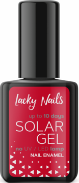 Lacky Nails Solar Gel Nail Enamel, czerwony, bez lampy UV, w czarnej butelce, widok z przodu.