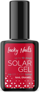 Lacky Nails Solar Gel Nail Enamel, czerwony, do 10 dni, bez lampy UV/LED, butelka z przodu.