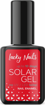 Czerwony lakier Lacky Nails Solar Gel nr 12 Queen Red, butelka z czarną nakrętką, widok z przodu.