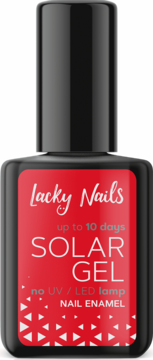 Czerwony lakier Lacky Nails Solar Gel nr 12 Queen Red, butelka z czarną nakrętką, widok z przodu.