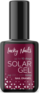 Lakier Lacky Nails Solar Gel nr 13 aubergine w czarnej butelce z bordową etykietą, bez lampy UV, widok przód.