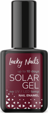 Bordowy lakier do paznokci Lacky Nails Solar Gel, niewymagający lampy UV, w butelce z czarnym korkiem, widok z przodu.