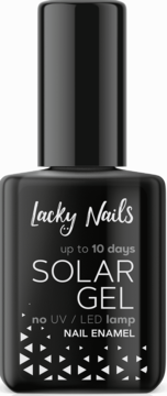 Czarny lakier Lacky Nails Solar Gel, butelka z białym napisem "up to 10 days" i "no UV/LED lamp".