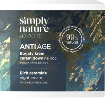 Clochee Simply Nature Anti-Age krem ceramidowy na noc, ciemne opakowanie z '99% natural', widok z przodu.