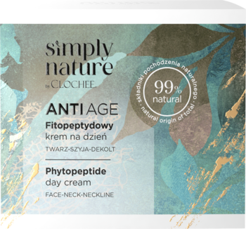 Clochee Simply Nature Anti-Age Fitopeptydowy krem na dzień, ciemnozielone pudełko z liśćmi, 99% natural, widok z przodu.