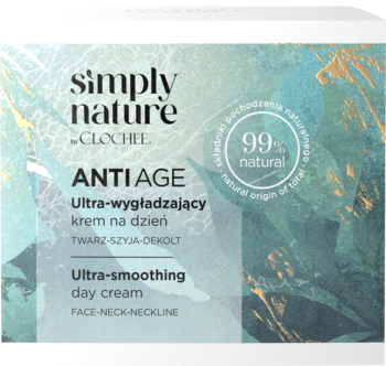 Biały słoiczek kremu Simply Nature Clochee Anti Age, ultra-wygładzający krem na dzień 99% naturalny. Widok z przodu.