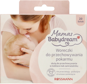 Różowe opakowanie Mamas Babydream: woreczki do przechowywania pokarmu, z ilustracją matki i dziecka, 20 sztuk.