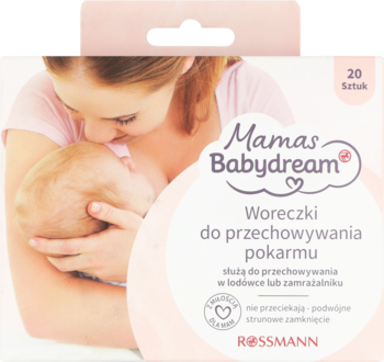 Biało-różowe opakowanie Mamas Babydream Woreczki do przechowywania pokarmu, z matką karmiącą na froncie.