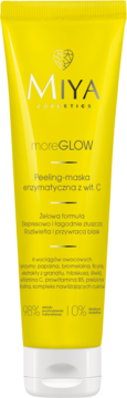 Żółta tuba MIYA moreGLOW Enzymatyczna Peeling-maska z wit. C, z białym korkiem, widok z przodu.