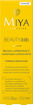 Żółte opakowanie serum Miya Beauty.lab z podwójną witaminą C, rozjaśniającego przebarwienia, widok z przodu.