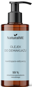 NaturalME nawilżająco-odżywczy olejek do demakijażu w brązowej butelce z pompką, widok z przodu.