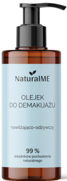 NaturalME nawilżająco-odżywczy olejek do demakijażu w brązowej butelce z pompką, widok z przodu.