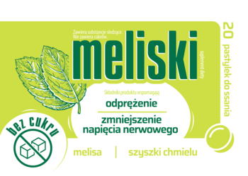 Frontowa etykieta Meliski, zielono-białe pastylki do ssania, bez cukru, z melisą, chmielem, odprężenie i napięcie.